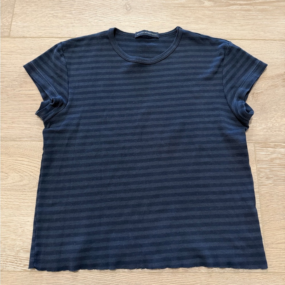 Brandy Melville Hailie Stripe Top Navy Blue Raw Hem - Picture 2 of 8